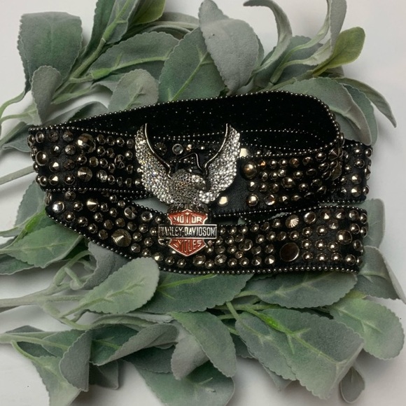 Vintage 80’s Harley Davidson Crystal Eagle Brass Buckle Studded Leather Belt